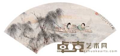 彭寿 1872年作 采菱图 扇片 